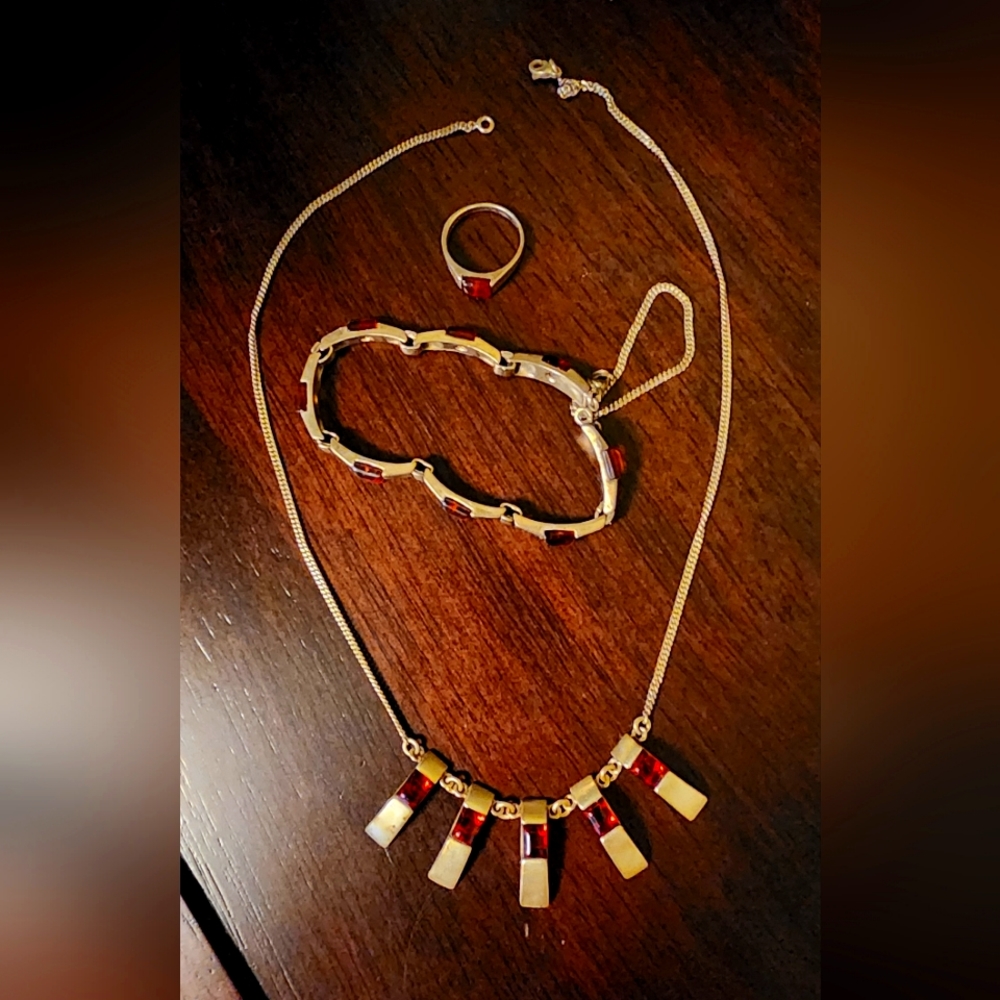 Amber silver set - necklace, ring, bracelet